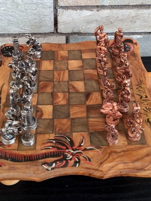 Vintage handmade chess set with drawers and ancient-themed metal pieces