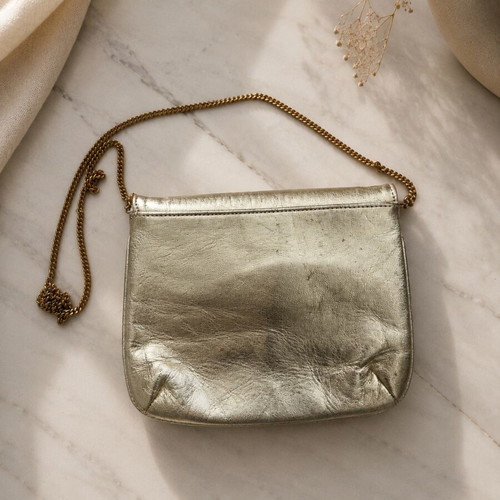 Boho crossbody bag used with metallic chain, beige and gold