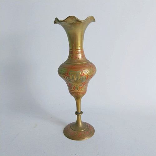 Vintage Indian brass vase used, hand engraved and painted