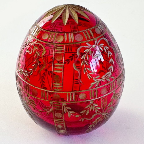 Decorative red glass egg Fabergé style, new, Russia 1990s