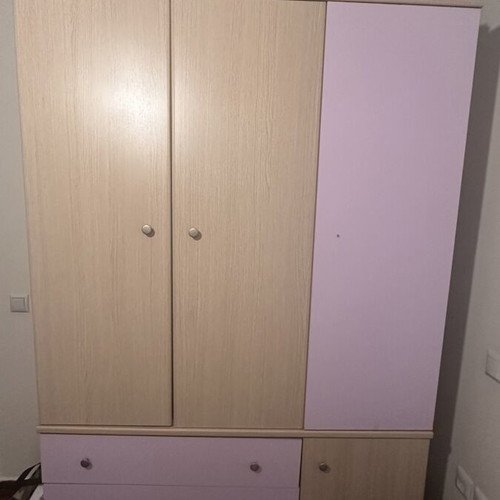 Three-Door Wardrobe with Drawers like new, Scandinavian Light Brown and Lilac