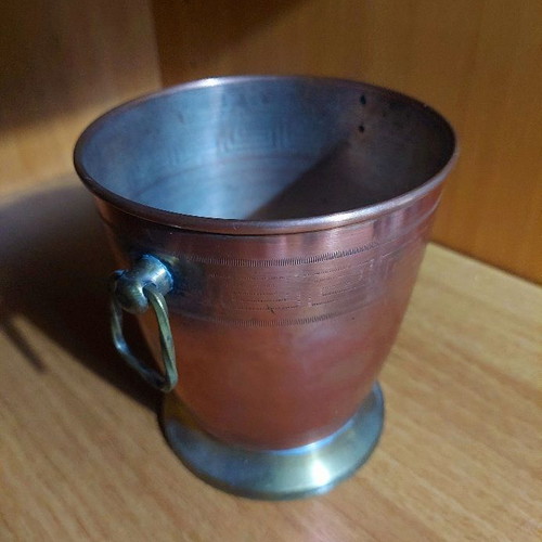 Copper ice bucket used, retro antique with engraved meander
