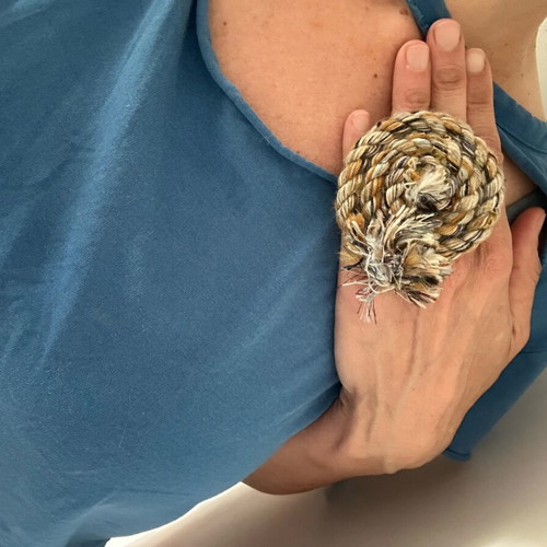 90s Handmade Adjustable Statement Ring with Woven Threads Boho Style