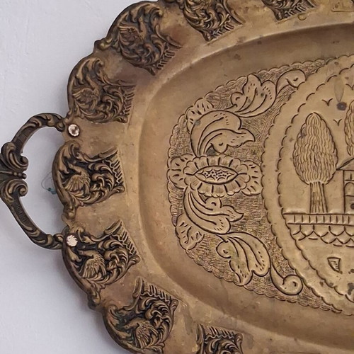Handmade Copper Tray Giannina with Carved Traditional Design like new