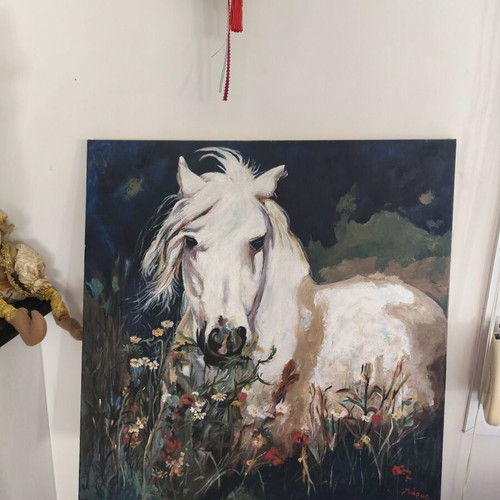 Oil Painting White Horse in Meadow new, handmade on canvas