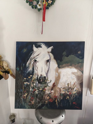 Oil Painting White Horse in Meadow new, handmade on canvas