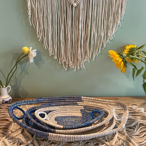 Set of woven fruit bowls from Africa new, white-blue, 3 pieces