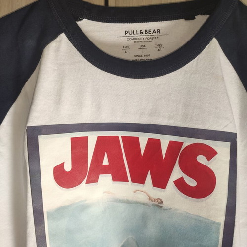 Pull & Bear JAWS long-sleeve raglan T-shirt, white and blue, sizes M-L-XL