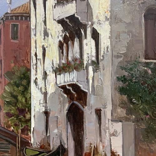 Oil painting used, embossed canal scene with handmade wooden frame
