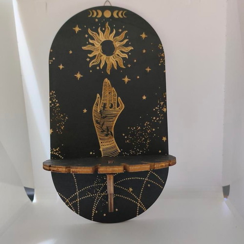 Wooden Handmade Wall Shelf with Mystical Sun and Moon Design like new