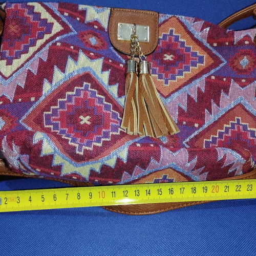 Crossbody bag used multicolor fabric and leatherette
