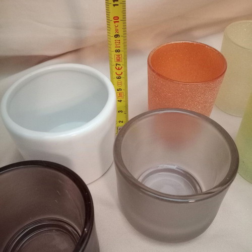 Glass candle holders used, set of 6, various colors with glitter