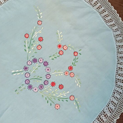 Doily handmade vintage used with spring embroidery 57cm diameter