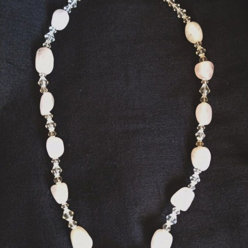 Vintage Handmade Necklace with Natural Rose Quartz and Faceted Crystals 59cm