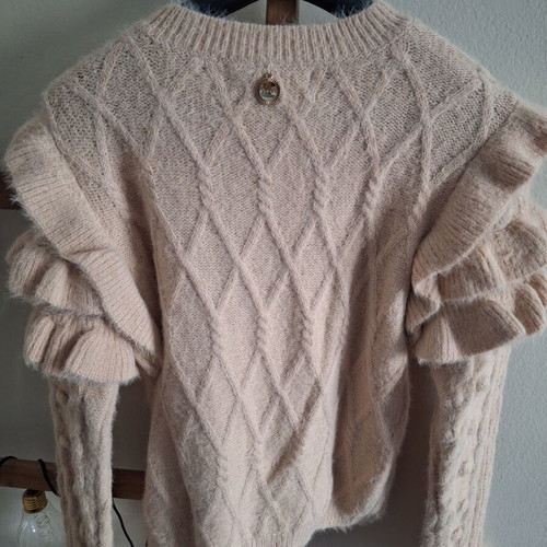 Lynne knitted sweater used, pink, size S with ruffles and pom-poms