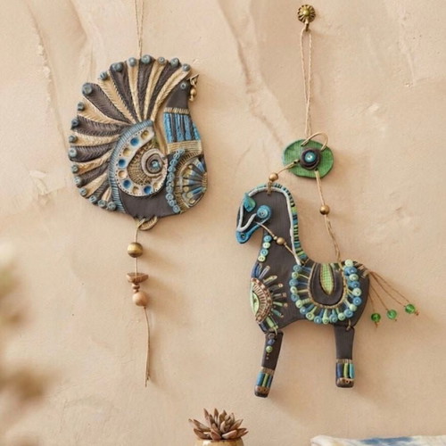 Decorative set of 2 peacock and horse boho ornaments new