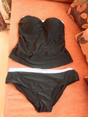 Elegant women's two-piece tankini swimsuit black with white trim size 46-48 used