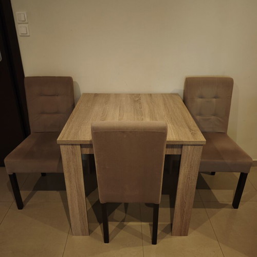 Sofa bed set with storage, double bed, bookshelf, table, chairs