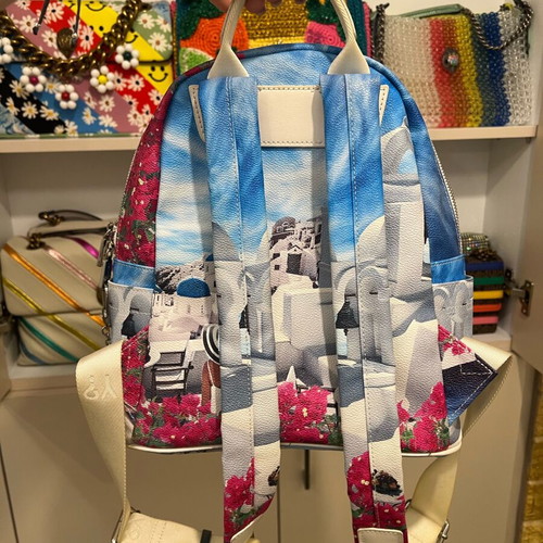 Y Not backpack used with Greek islands theme, multicolor
