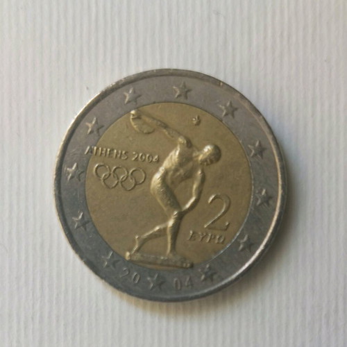 Collectible 2 euro coin Athens 2004 used, Olympic Games Discobolus