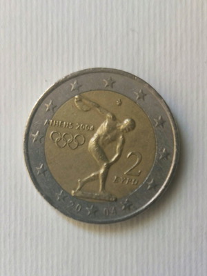 Collectible 2 euro coin Athens 2004 used, Olympic Games Discobolus