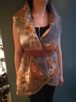Asymmetric wool sleeveless vest handmade with flower design