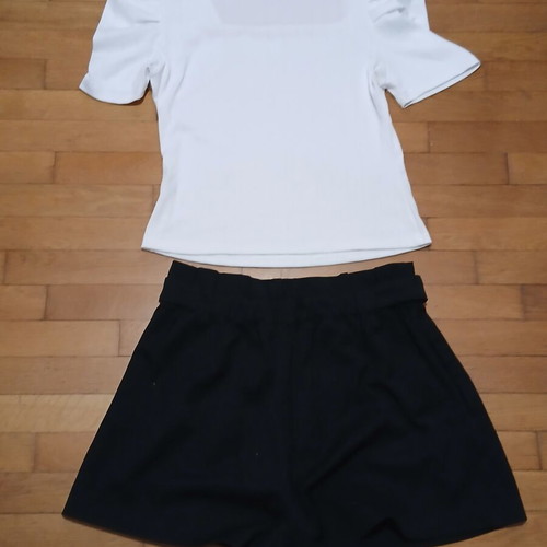 Zara set with black shorts and white puff sleeves blouse, like new, size large