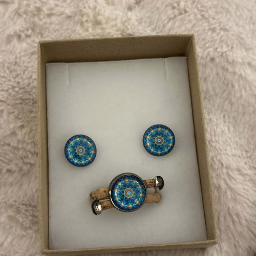Jewelry set blue and turquoise boho-ethnic with cork base ring new