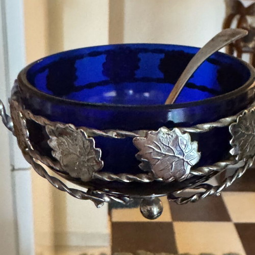 Dark blue crystal bowl with spoon in silver base vintage 60s