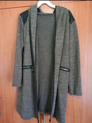 Wool cardigan with leather details used, size XXL, black and brown