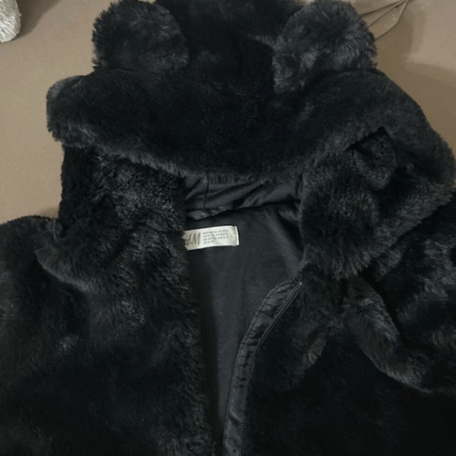 H&M fur jacket with hood and ears, black, like new, 10-12 years