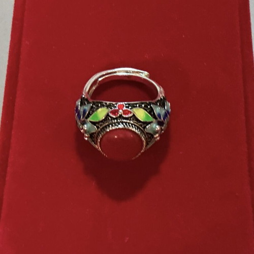 Vintage Tibetan style 925 sterling silver enamel ring with red coral paste cabochon, like new