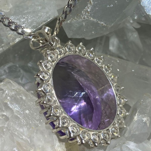 Silver pendant with large cut natural amethyst stone and moissanites, new