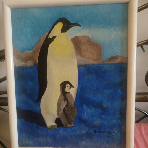 Painting with penguins like new in white wooden frame