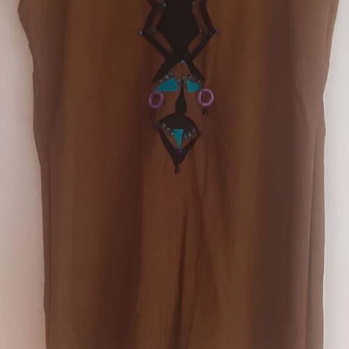 Vintage dress with tiki design used, khaki with beads