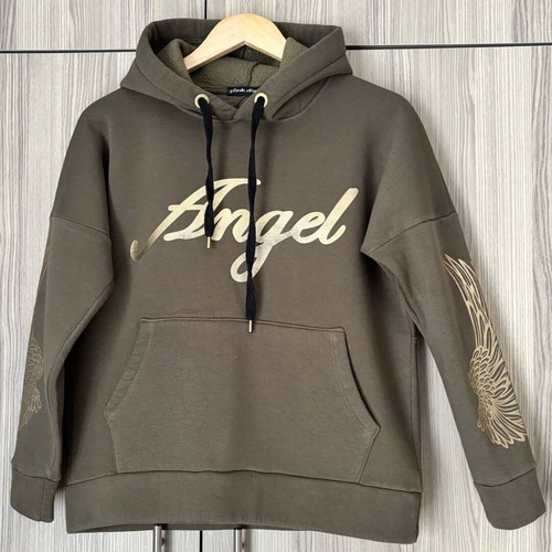 Women's sweatshirt like new, olive with gold prints and fleece lining