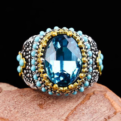 Men's ring with blue zircon and turquoise new