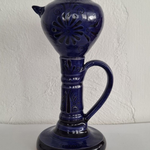 Handmade ceramic oil lamp with Sifnos style, cobalt blue, like new