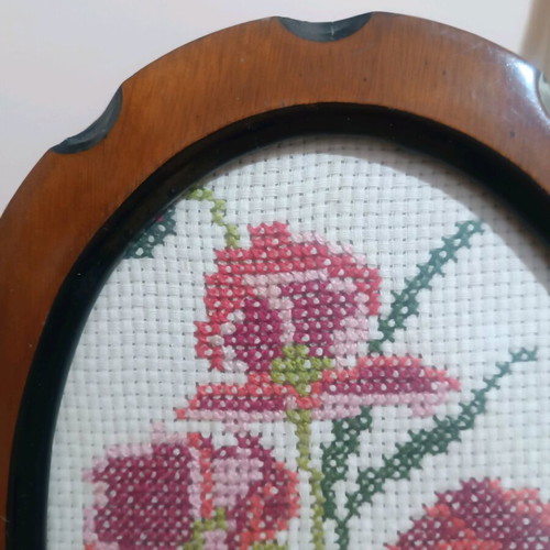 Vintage embroidered oval frames set of 2 with pink roses, used