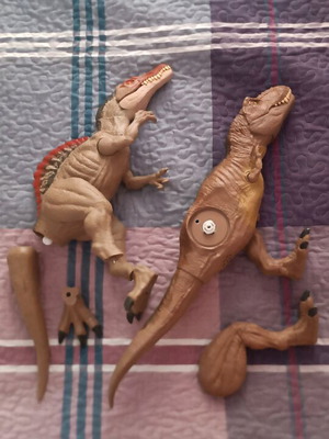Jurassic World Mattel dinosaur figures used, Spinosaurus and T-Rex for parts