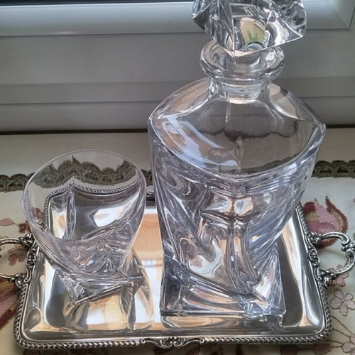 Bohemia Quadro whiskey set with decanter, glass and silver-plated tray