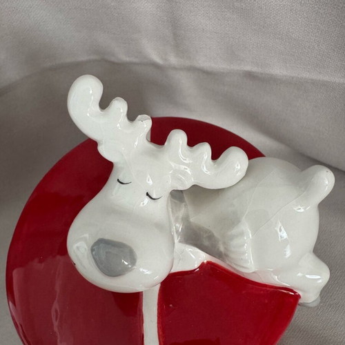 Marva ceramic cookie jar used, red with reindeer design