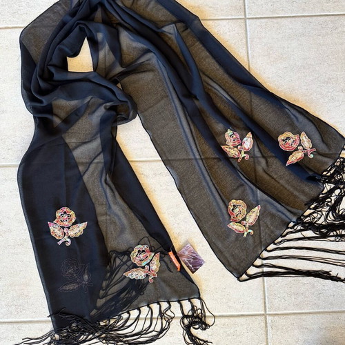 Scarf new black with embroidered details and fringes