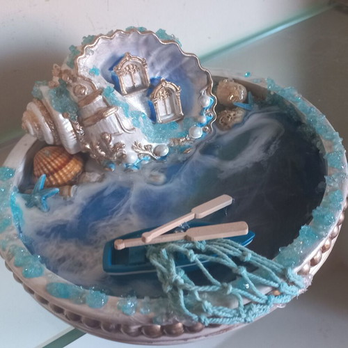 Summer decoration handmade, 17cm plate with liquid glass sea
