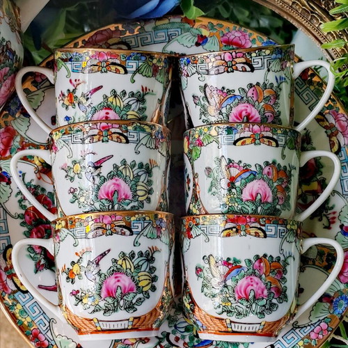 Vintage Chinese Rose Medallion porcelain tea set, handpainted
