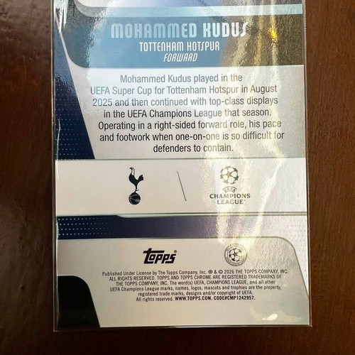 Topps Chrome UEFA 2025-26 Mohammed Kudus Tottenham Gold Shimmer Refractor like new