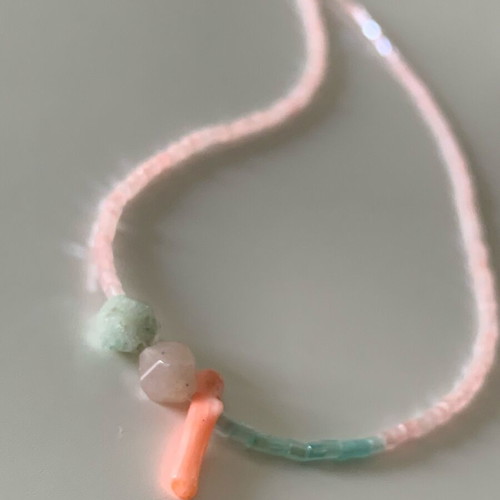 Handmade necklace with amazonite, coral, glass beads and stainless steel closure new, pink and turquoise