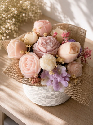 Bouquet of wax flowers in pot with customizable scents and colors