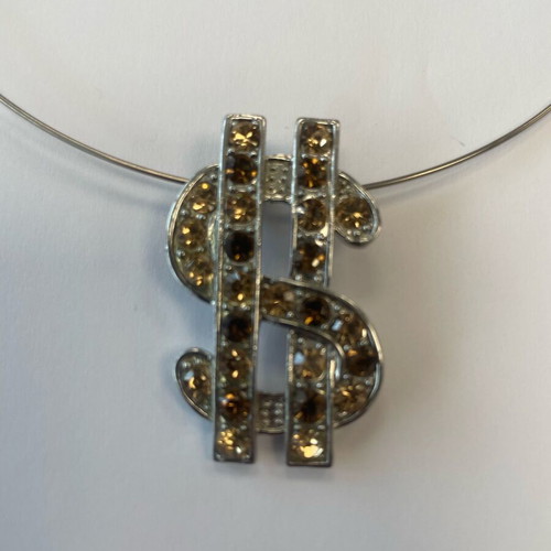 Choker necklace dollar pendant used, brown and silver