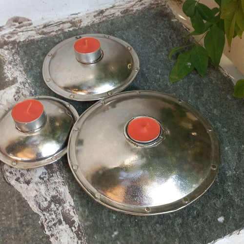Metal candlesticks set used, 3 pieces, Indian style
